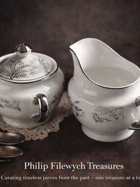 CB-08-Vintage Porcelain Cream and Sugar Set Silver Trim Tea Set DESCRIPTION